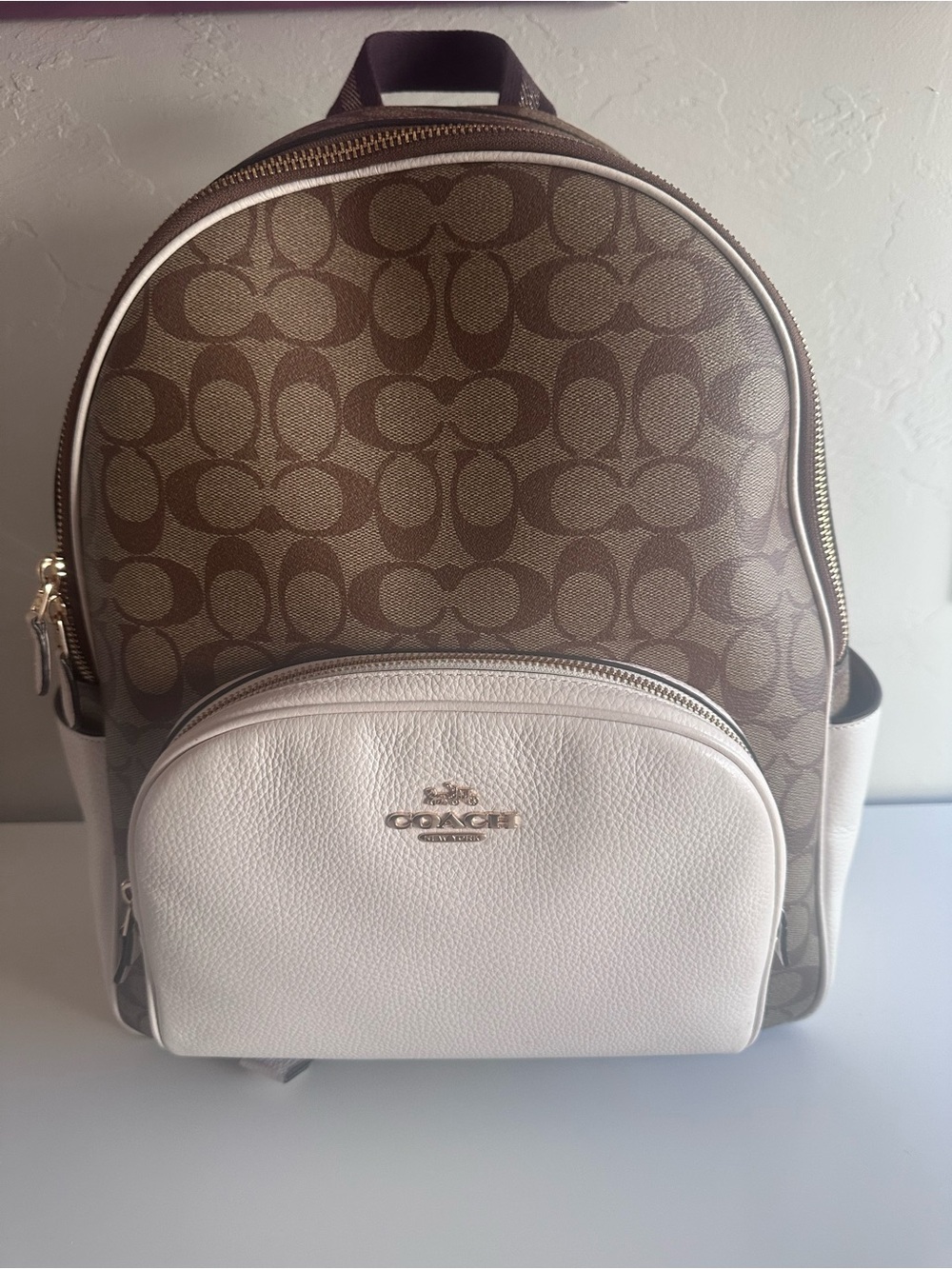 Coach Brown Signature Full-Size Court Canvas Backpack with Cream Front Pocket